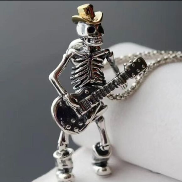 Skeleton Skull Day of the Dead Guitar Rocker Necklace #626 - Picture 1 of 9